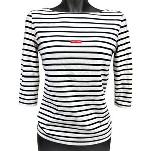 SAINT JAMES Breton Stripe Stretch Navy White Boat Neck 3/4 Sleeve Top M (no tag)
